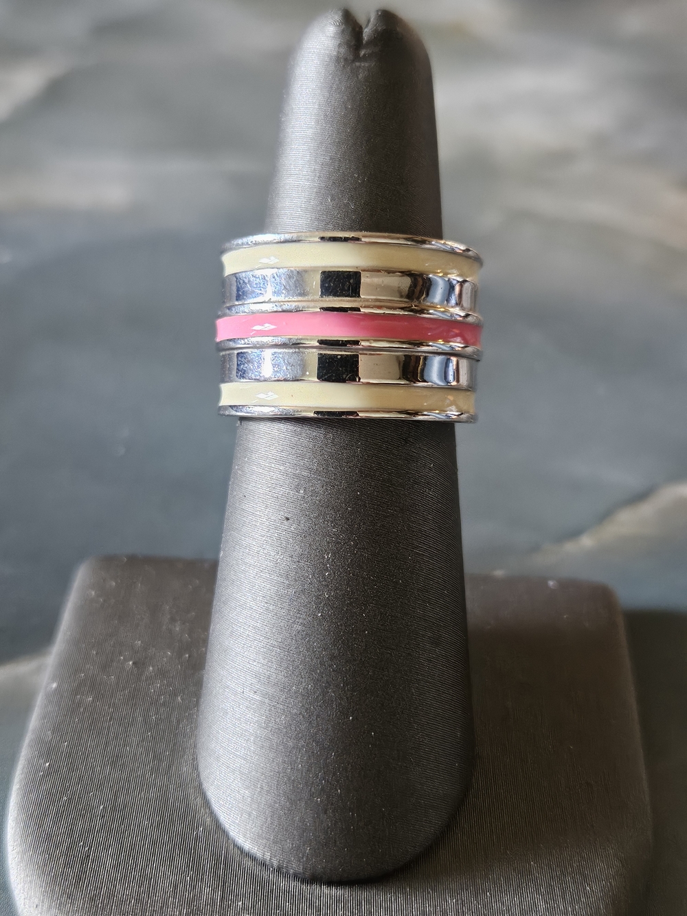 Lia Sophia Fast Track Silver Band Ring with Pink and Cream Enamel Stripes
